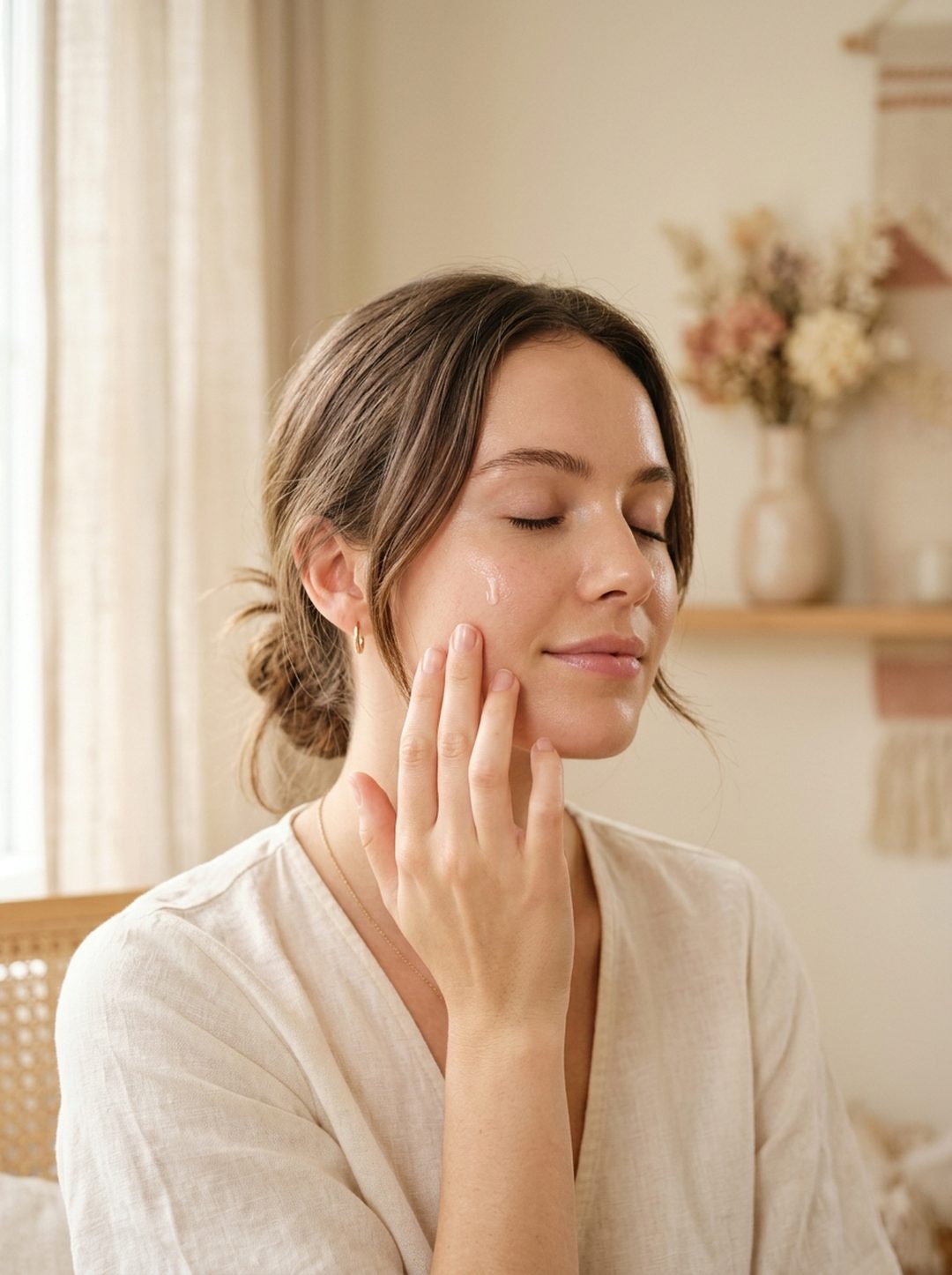Kobieta nakładająca serum w porannym świetle